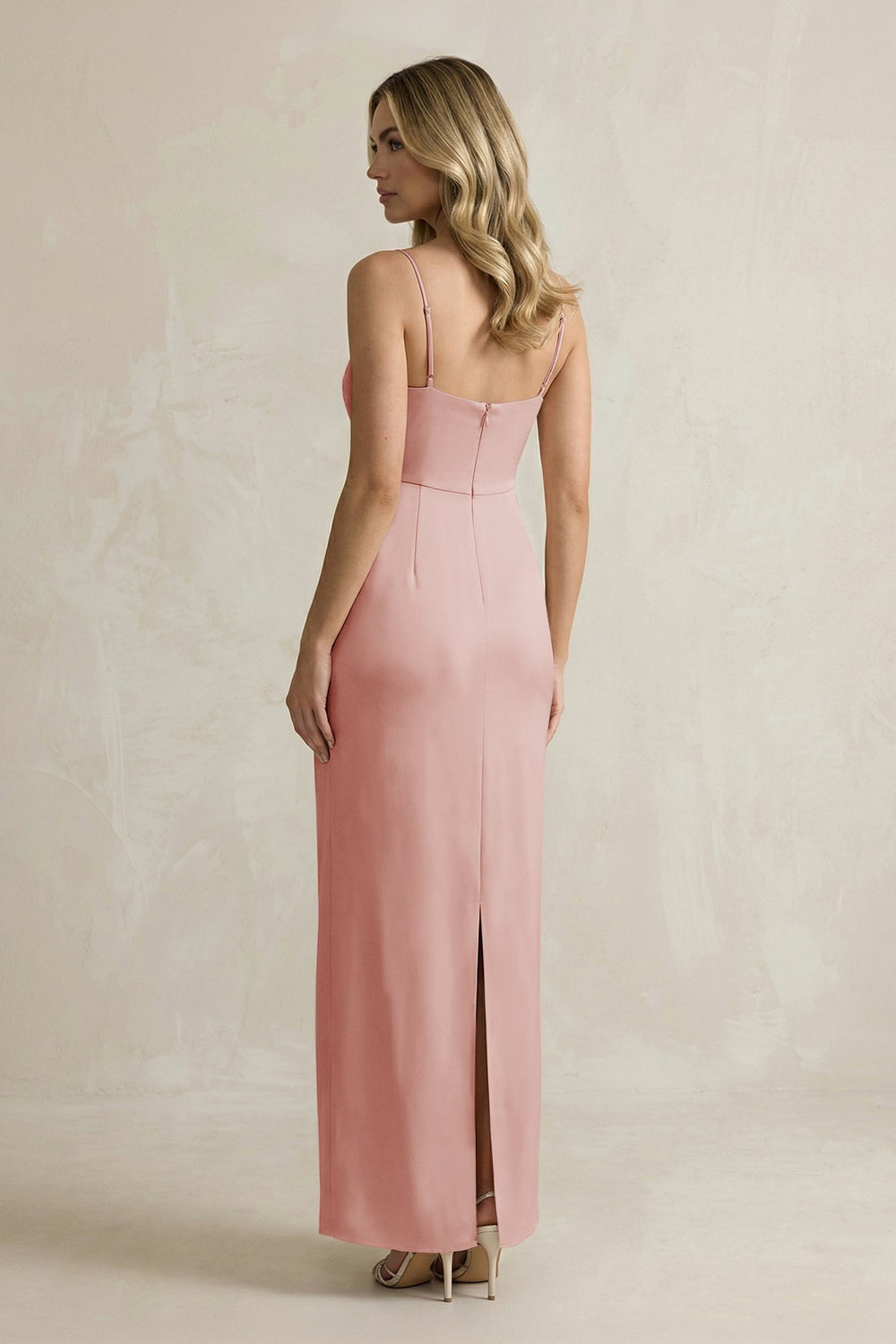 Sheath Spaghetti Straps Satin Bridesmaid Dress in Champagne Rose - KissProm Bridesmaid Dresses