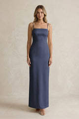 Sheath Spaghetti Straps Satin Bridesmaid Dress in Dark Navy - KissProm Bridesmaid Dresses