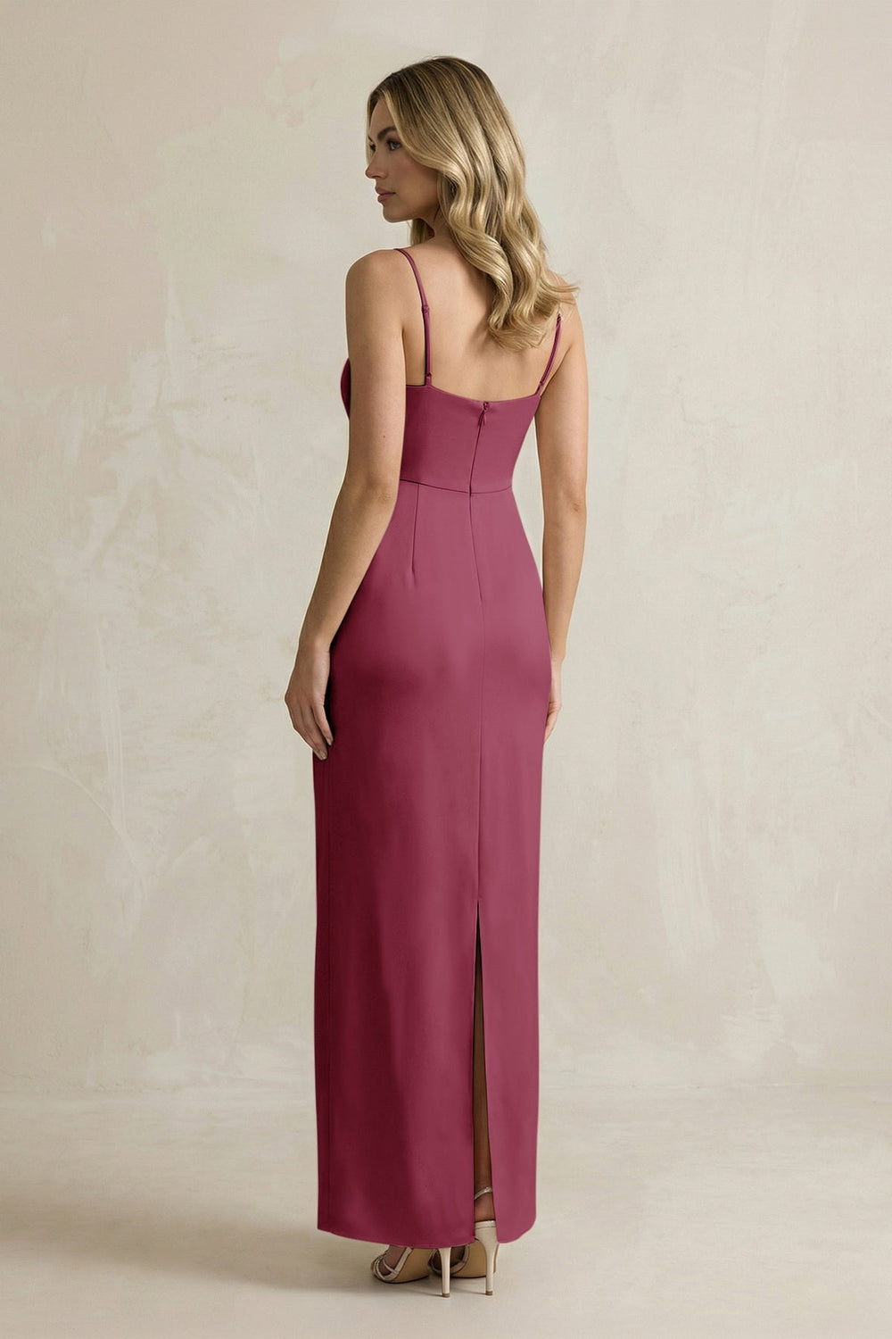 Sheath Spaghetti Straps Satin Bridesmaid Dress in Desert Rose - KissProm Bridesmaid Dresses