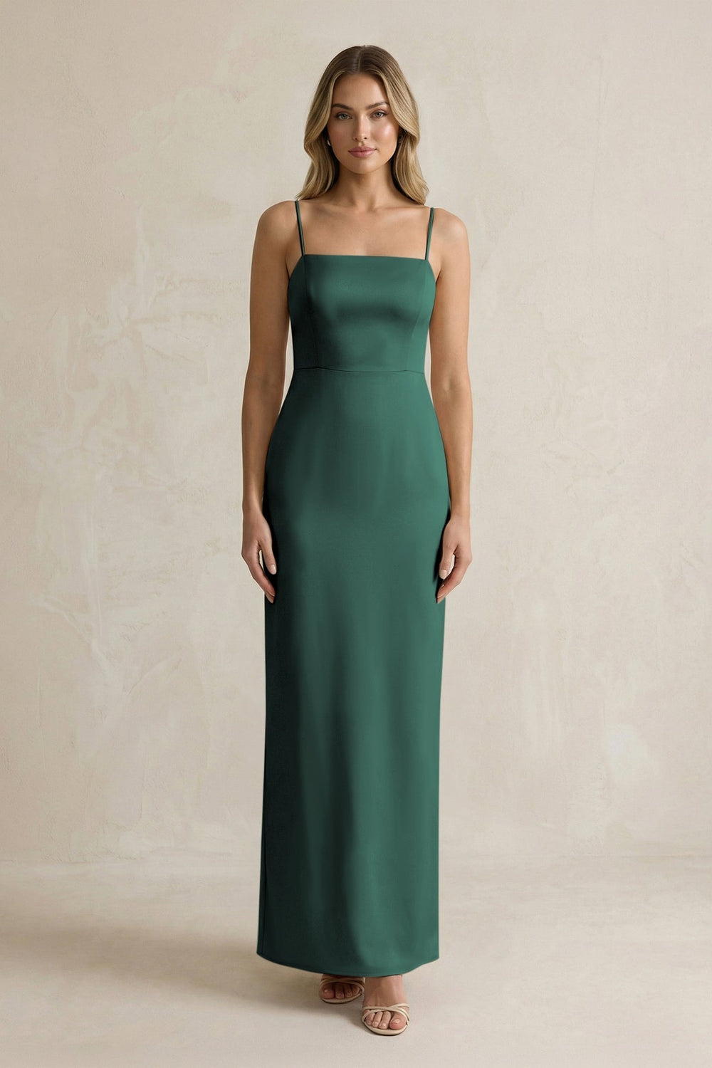 Sheath Spaghetti Straps Satin Bridesmaid Dress in Emerald - KissProm Bridesmaid Dresses