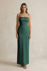 Sheath Spaghetti Straps Satin Bridesmaid Dress in Emerald - KissProm Bridesmaid Dresses