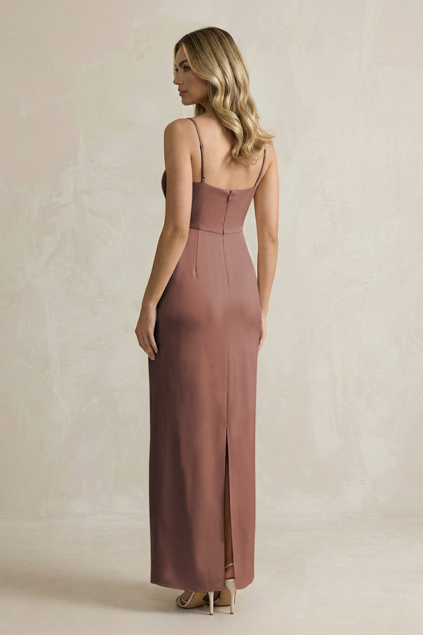 Sheath Spaghetti Straps Satin Bridesmaid Dress in Espresso - KissProm Bridesmaid Dresses