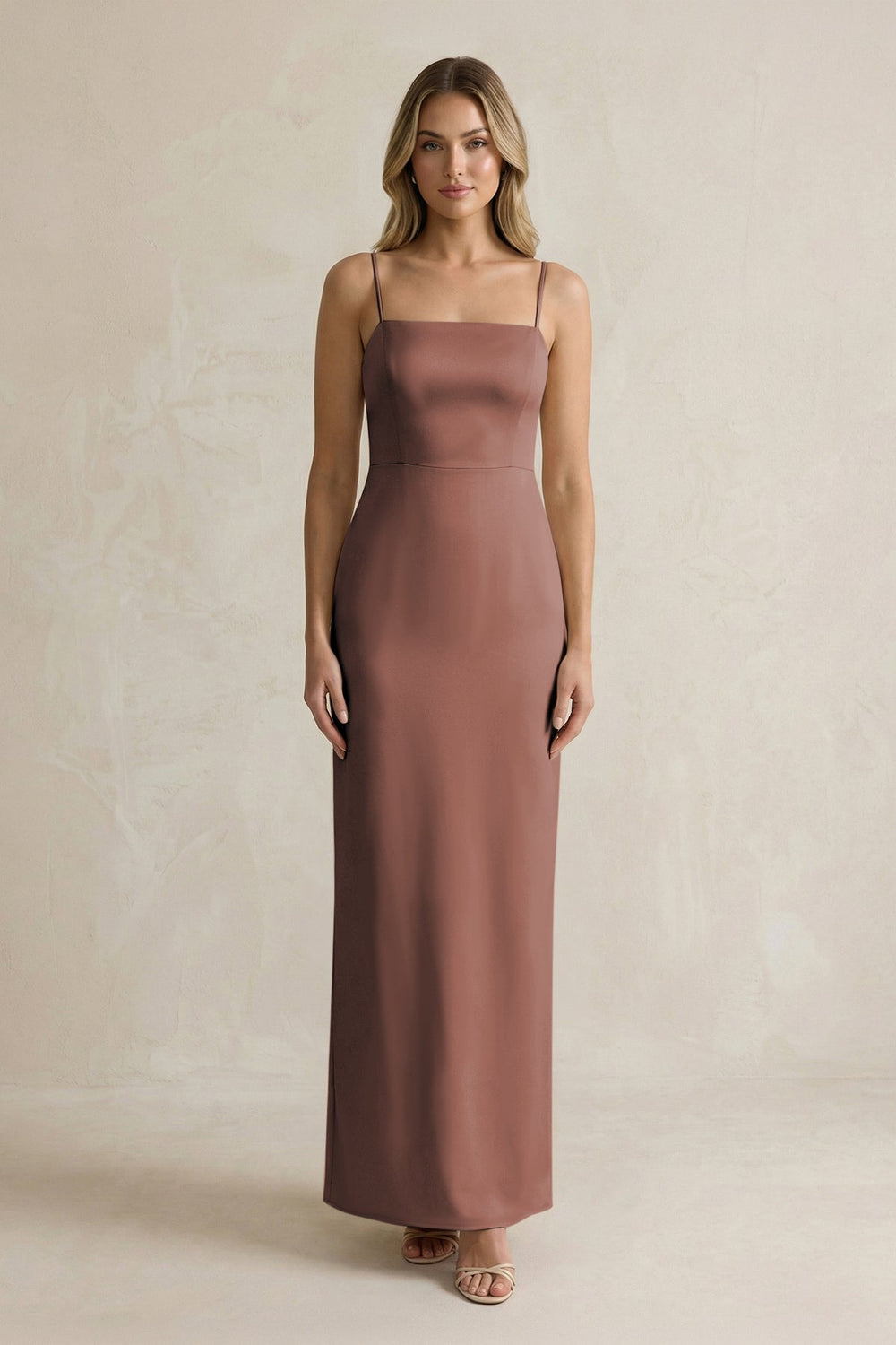 Sheath Spaghetti Straps Satin Bridesmaid Dress in Espresso - KissProm Bridesmaid Dresses