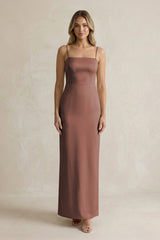 Sheath Spaghetti Straps Satin Bridesmaid Dress in Espresso - KissProm Bridesmaid Dresses