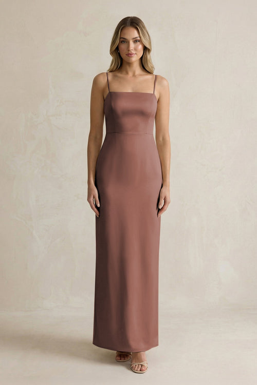 Sheath Spaghetti Straps Satin Bridesmaid Dress in Espresso - KissProm Bridesmaid Dresses