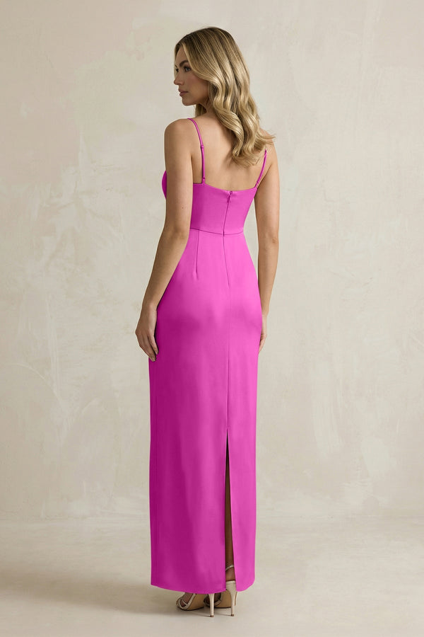 Sheath Spaghetti Straps Satin Bridesmaid Dress in Fuchsia - KissProm Bridesmaid Dresses
