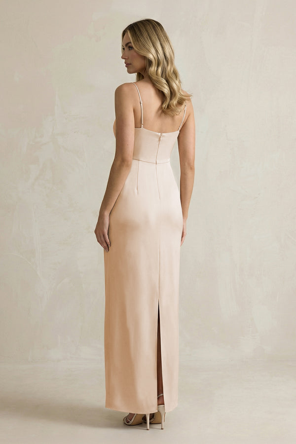 Sheath Spaghetti Straps Satin Bridesmaid Dress in Golden Champagne - KissProm Bridesmaid Dresses