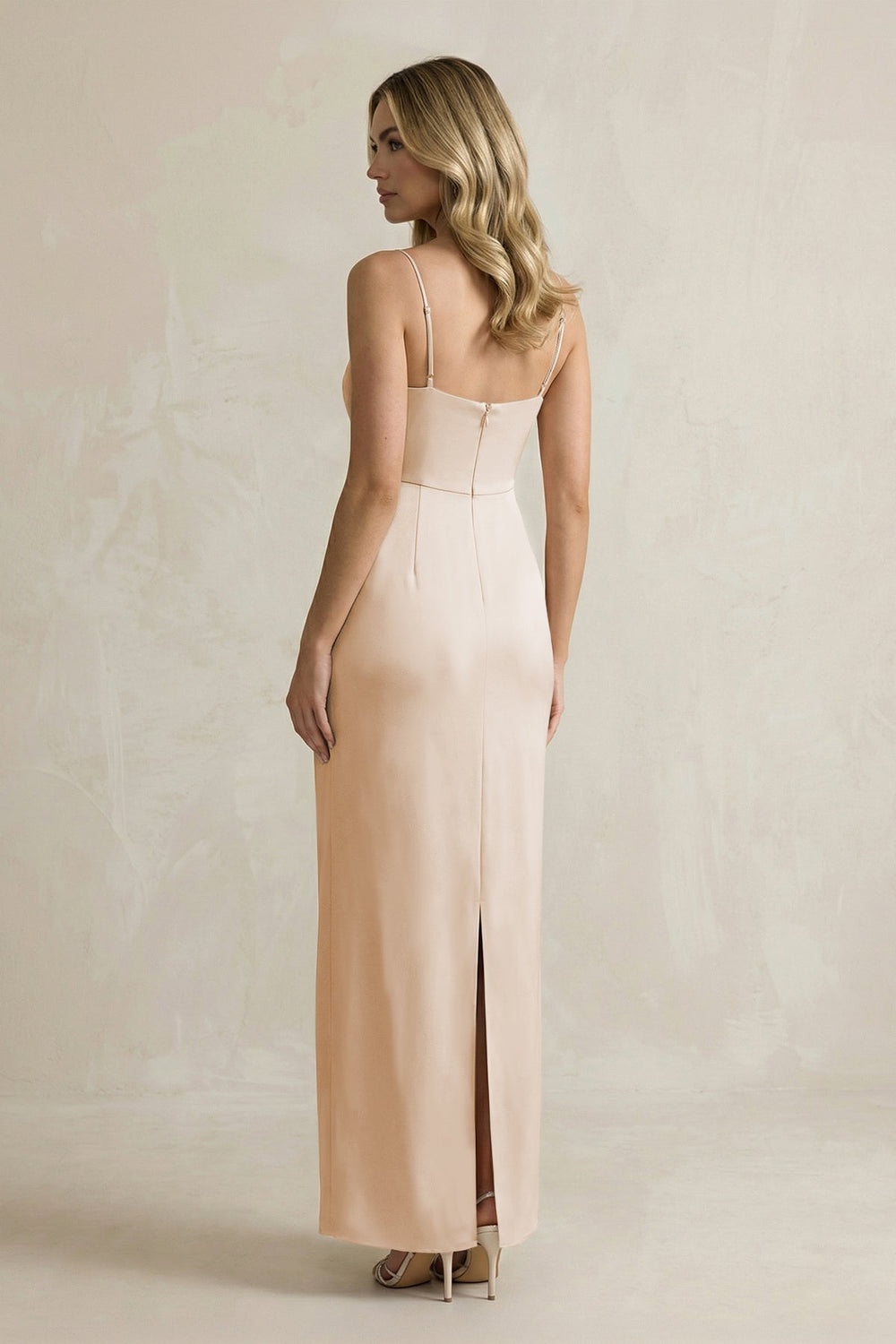 Sheath Spaghetti Straps Satin Bridesmaid Dress in Golden Champagne - KissProm Bridesmaid Dresses
