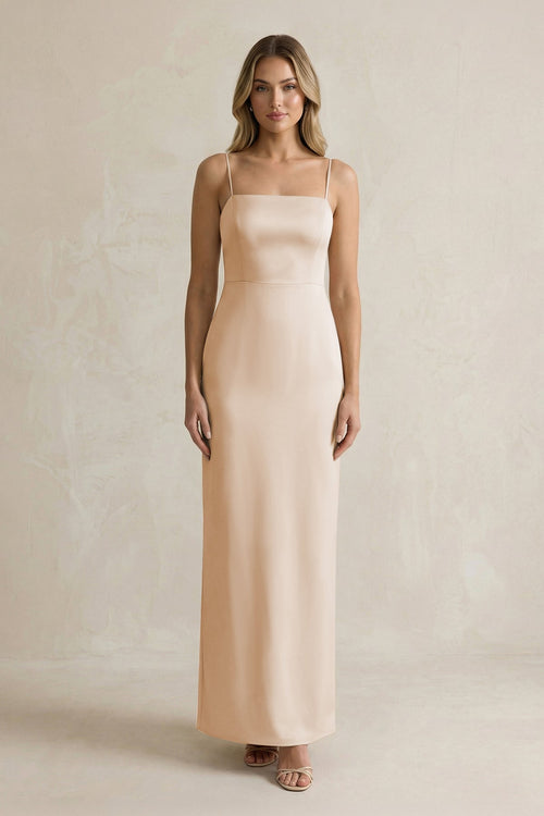 Sheath Spaghetti Straps Satin Bridesmaid Dress in Golden Champagne - KissProm Bridesmaid Dresses