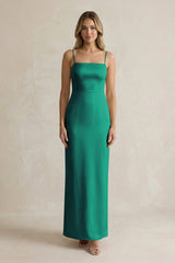 Sheath Spaghetti Straps Satin Bridesmaid Dress in Green - KissProm Bridesmaid Dresses