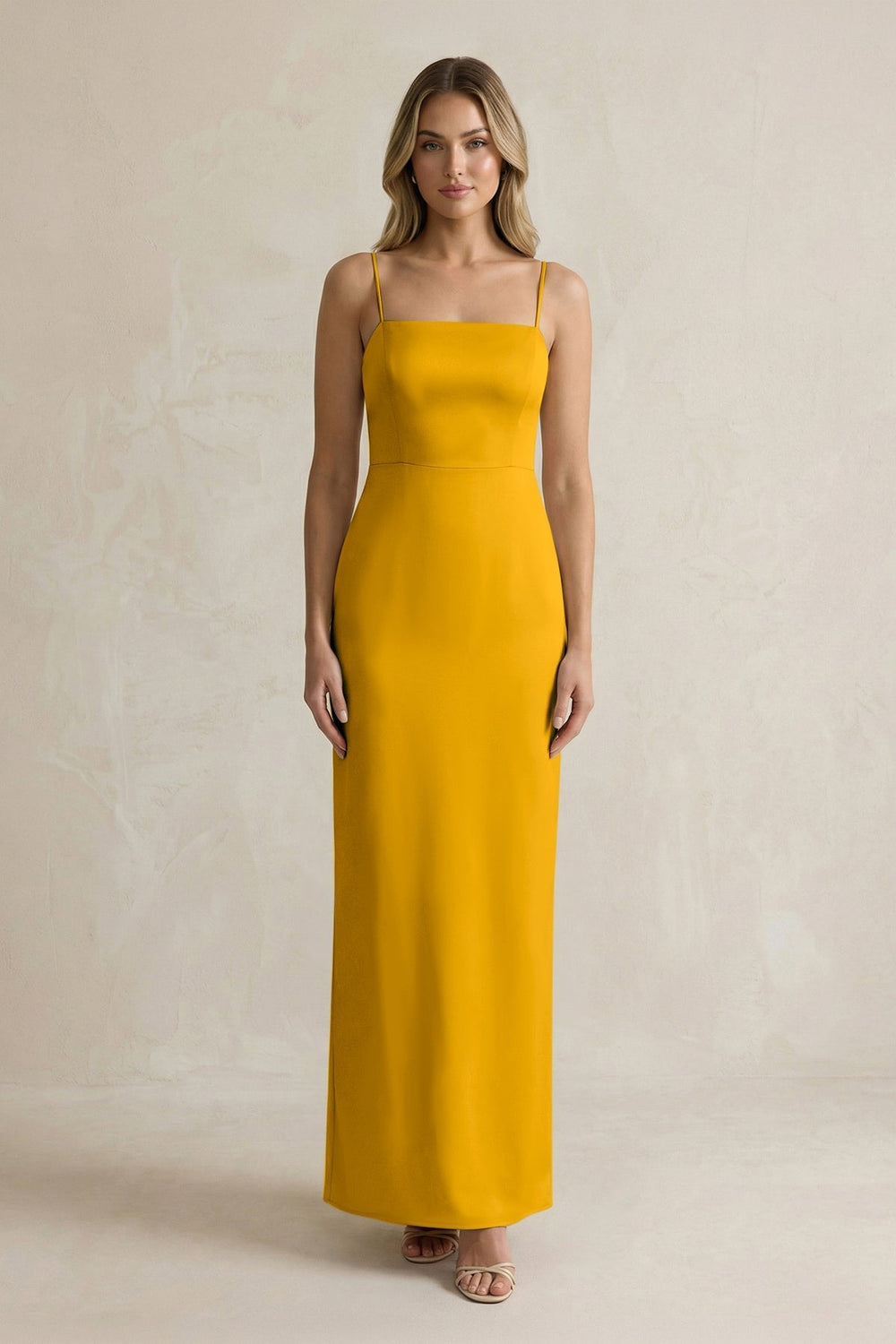Sheath Spaghetti Straps Satin Bridesmaid Dress in Marigold - KissProm Bridesmaid Dresses