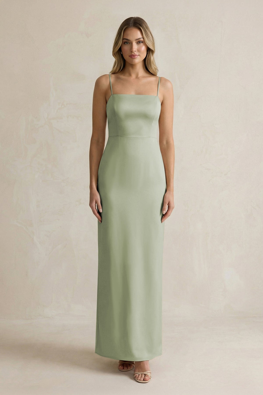 Sheath Spaghetti Straps Satin Bridesmaid Dress in Matcha - KissProm Bridesmaid Dresses