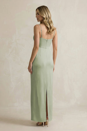 Sheath Spaghetti Straps Satin Bridesmaid Dress in Matcha - KissProm Bridesmaid Dresses