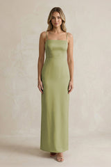 Sheath Spaghetti Straps Satin Bridesmaid Dress in Moss Green - KissProm Bridesmaid Dresses