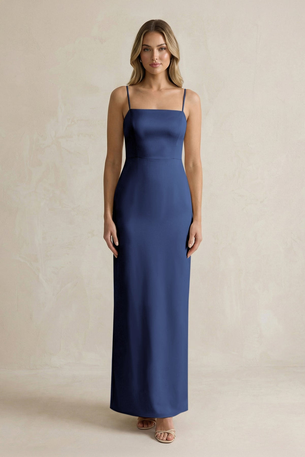 Sheath Spaghetti Straps Satin Bridesmaid Dress in Navy - KissProm Bridesmaid Dresses