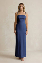 Sheath Spaghetti Straps Satin Bridesmaid Dress in Navy - KissProm Bridesmaid Dresses