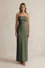 Sheath Spaghetti Straps Satin Bridesmaid Dress in Olive - KissProm Bridesmaid Dresses