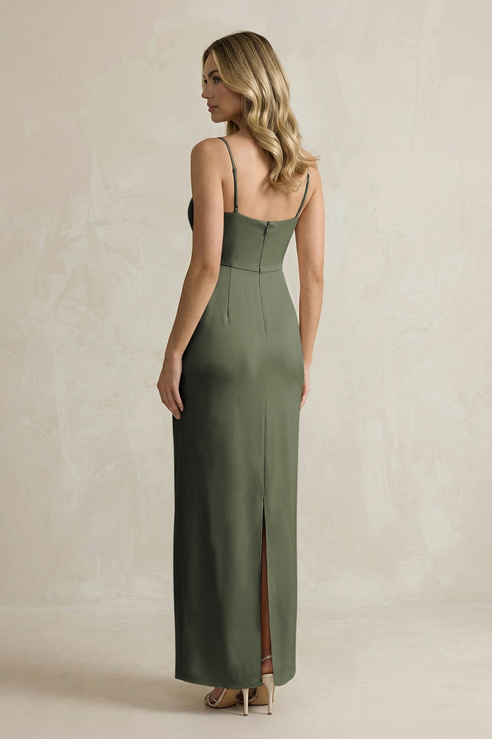 Sheath Spaghetti Straps Satin Bridesmaid Dress in Olive - KissProm Bridesmaid Dresses