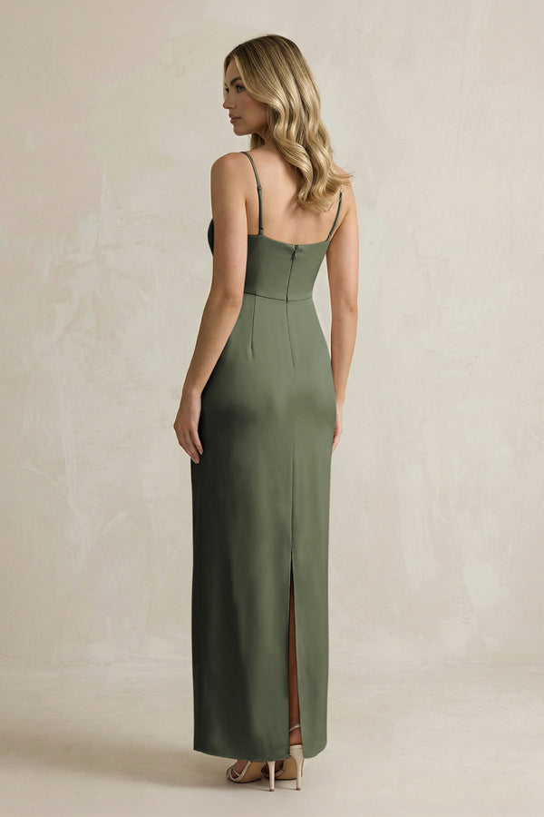 Sheath Spaghetti Straps Satin Bridesmaid Dress in Olive - KissProm Bridesmaid Dresses