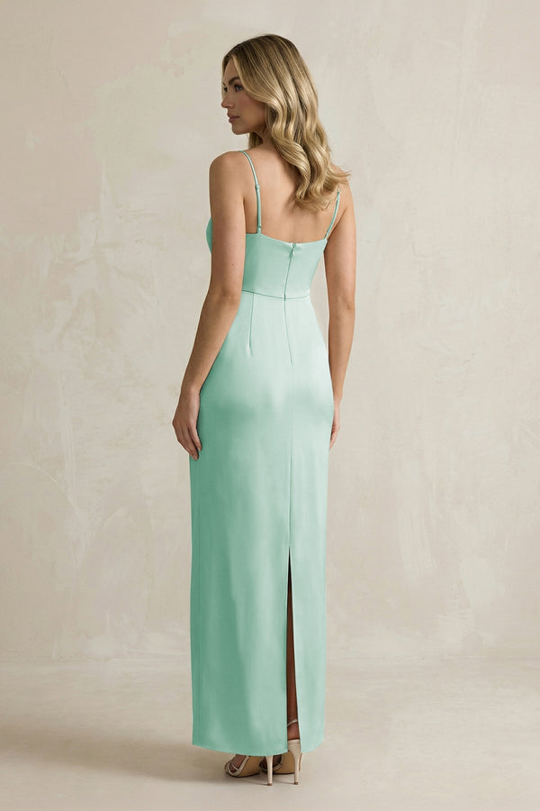 Sheath Spaghetti Straps Satin Bridesmaid Dress in Pale Pistachio - KissProm Bridesmaid Dresses