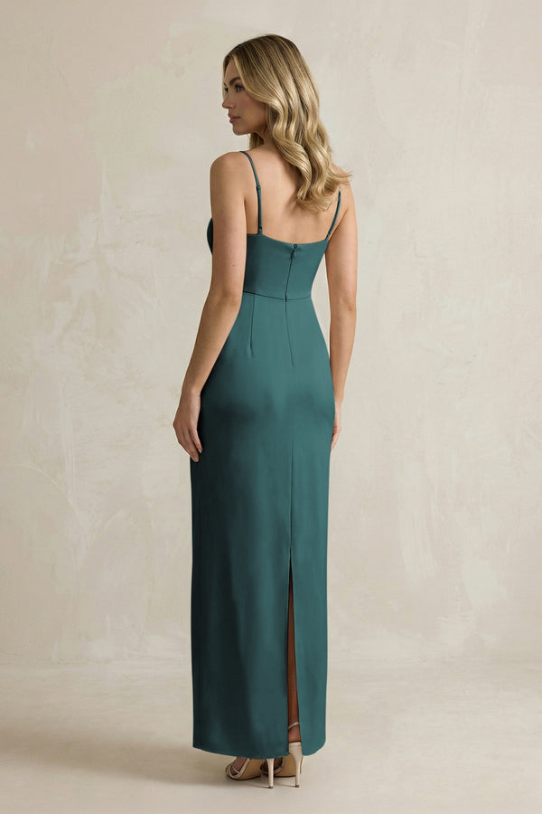 Sheath Spaghetti Straps Satin Bridesmaid Dress in Pine - KissProm Bridesmaid Dresses