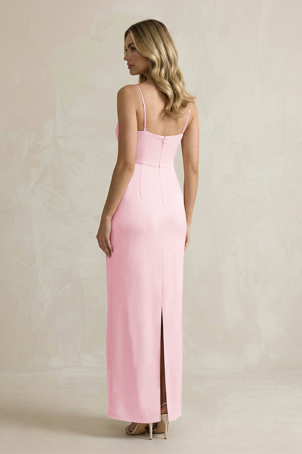 Sheath Spaghetti Straps Satin Bridesmaid Dress in Pink - KissProm Bridesmaid Dresses