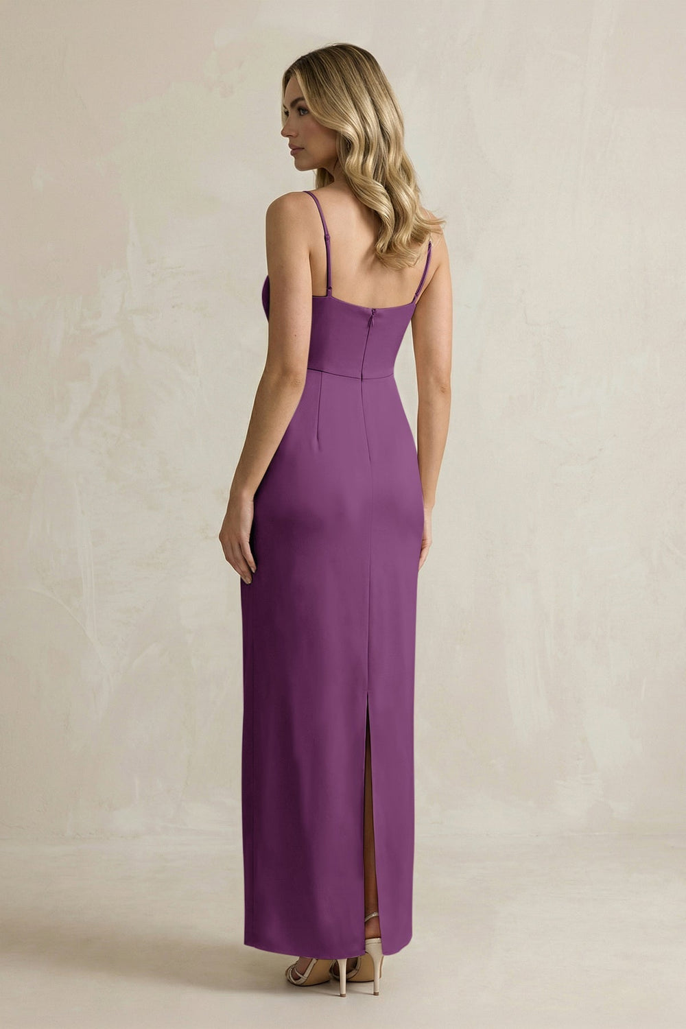 Sheath Spaghetti Straps Satin Bridesmaid Dress in Plum - KissProm Bridesmaid Dresses