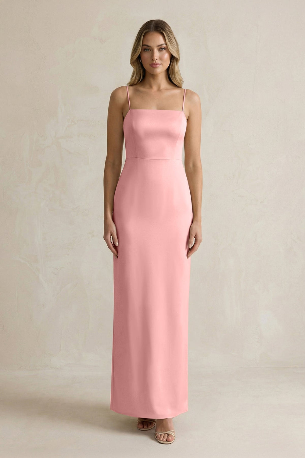 Sheath Spaghetti Straps Satin Bridesmaid Dress in Rosette - KissProm Bridesmaid Dresses