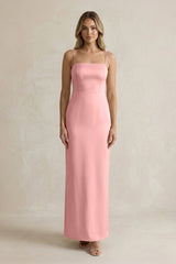 Sheath Spaghetti Straps Satin Bridesmaid Dress in Rosette - KissProm Bridesmaid Dresses