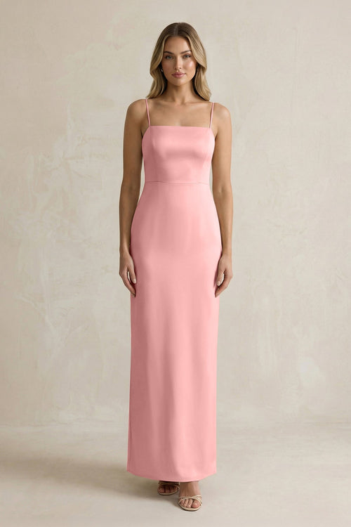 Sheath Spaghetti Straps Satin Bridesmaid Dress in Rosette - KissProm Bridesmaid Dresses