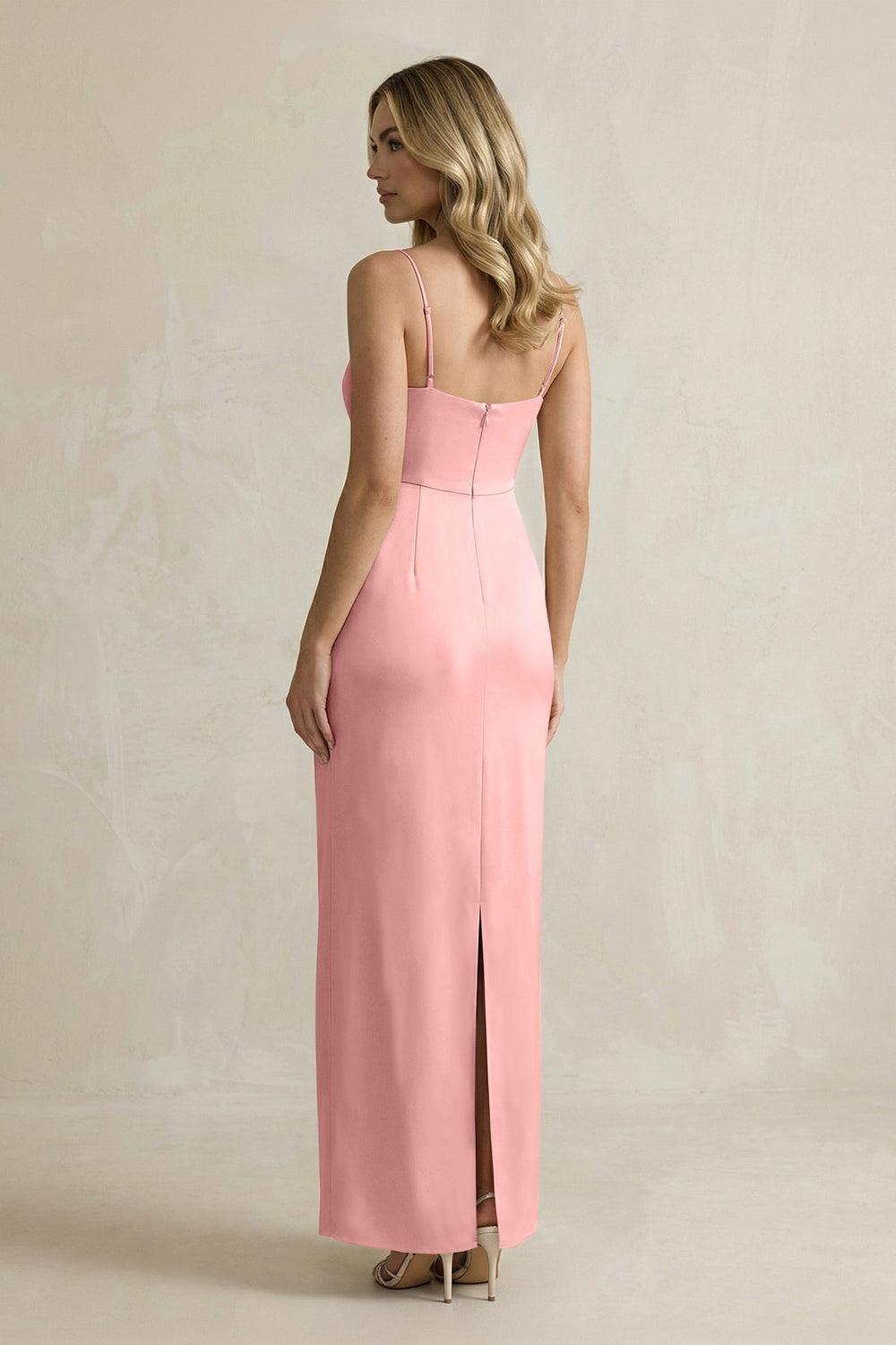Sheath Spaghetti Straps Satin Bridesmaid Dress in Rosette - KissProm Bridesmaid Dresses