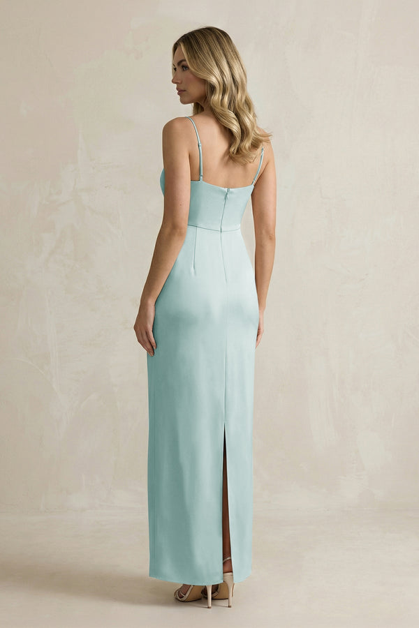 Sheath Spaghetti Straps Satin Bridesmaid Dress in Sage - KissProm Bridesmaid Dresses