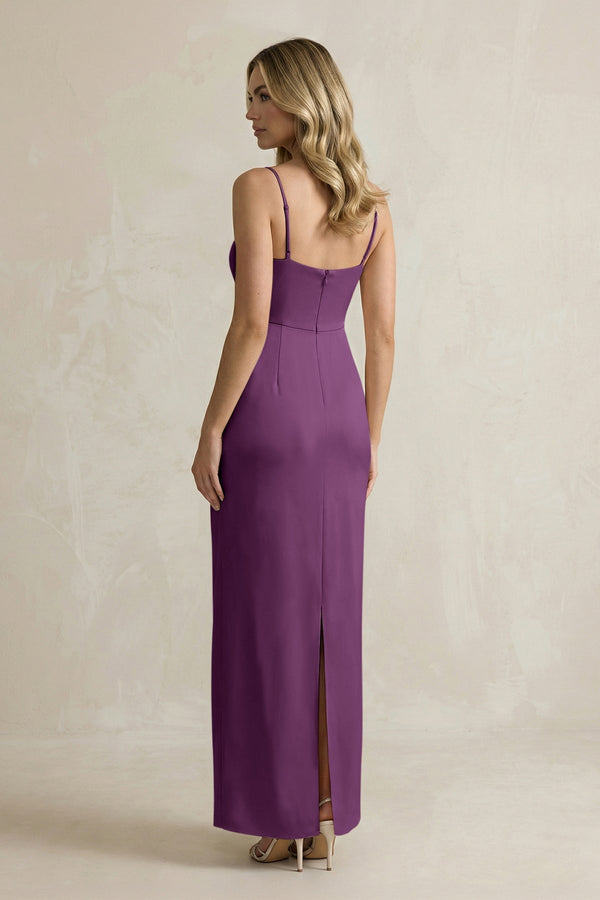 Sheath Spaghetti Straps Satin Bridesmaid Dress in Sangria - KissProm Bridesmaid Dresses