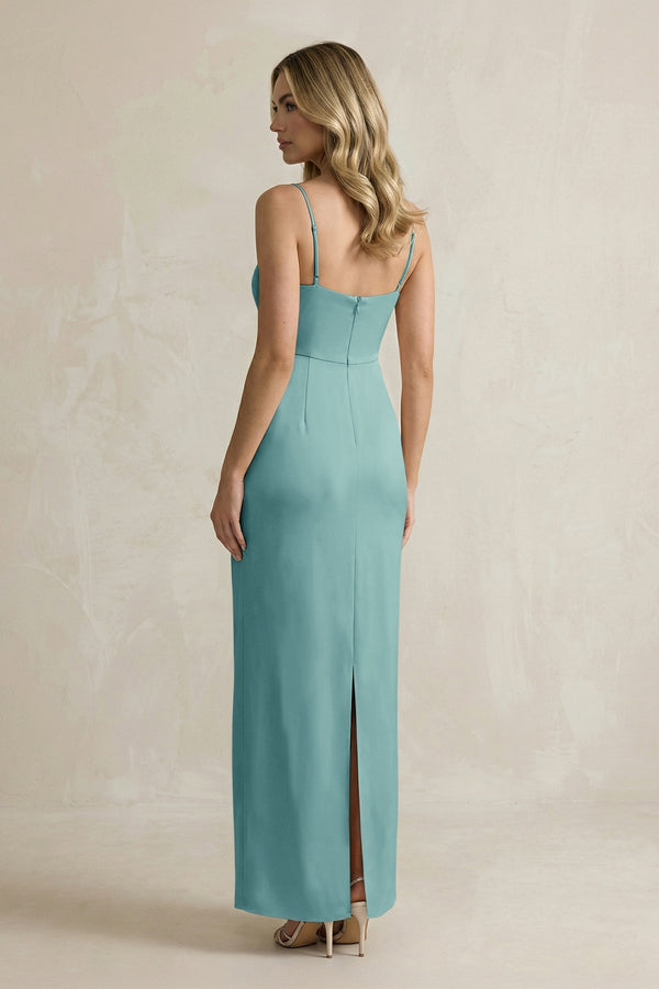Sheath Spaghetti Straps Satin Bridesmaid Dress in Sea Glass - KissProm Bridesmaid Dresses