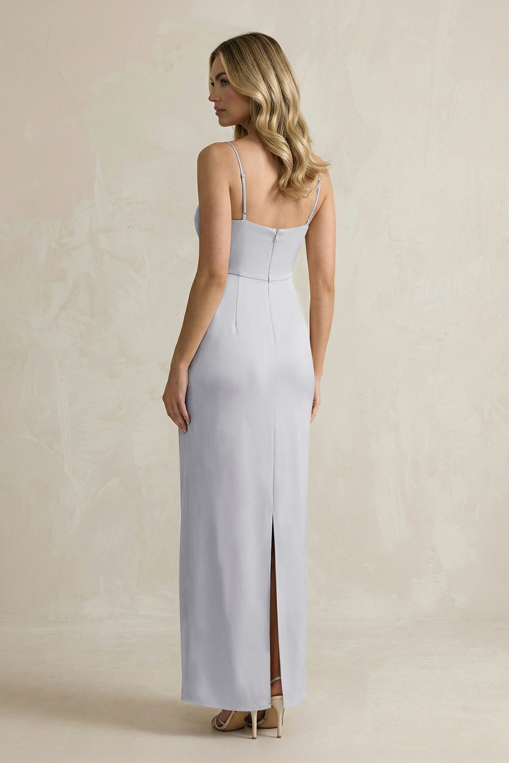 Sheath Spaghetti Straps Satin Bridesmaid Dress in Silver - KissProm Bridesmaid Dresses