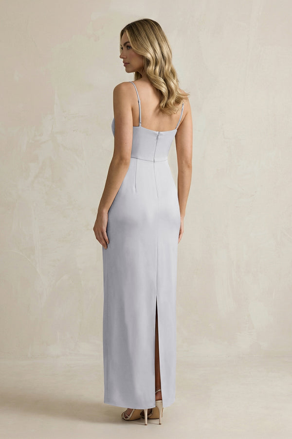 Sheath Spaghetti Straps Satin Bridesmaid Dress in Silver - KissProm Bridesmaid Dresses