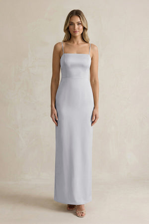 Sheath Spaghetti Straps Satin Bridesmaid Dress in Silver - KissProm Bridesmaid Dresses