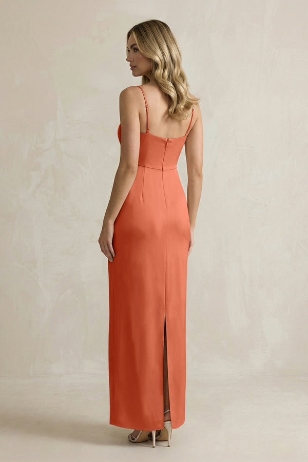 Sheath Spaghetti Straps Satin Bridesmaid Dress in Terracotta - KissProm Bridesmaid Dresses