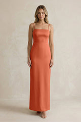 Sheath Spaghetti Straps Satin Bridesmaid Dress in Terracotta - KissProm Bridesmaid Dresses