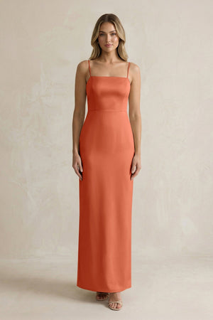 Sheath Spaghetti Straps Satin Bridesmaid Dress in Terracotta - KissProm Bridesmaid Dresses