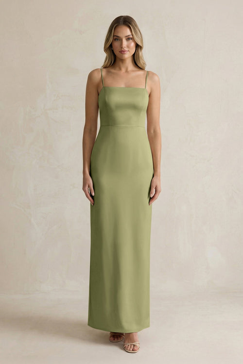 Sheath Spaghetti Straps Satin Bridesmaid Dress in Thyme - KissProm Bridesmaid Dresses