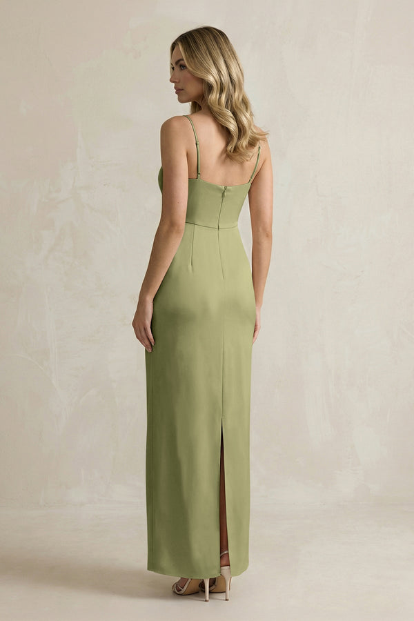 Sheath Spaghetti Straps Satin Bridesmaid Dress in Thyme - KissProm Bridesmaid Dresses