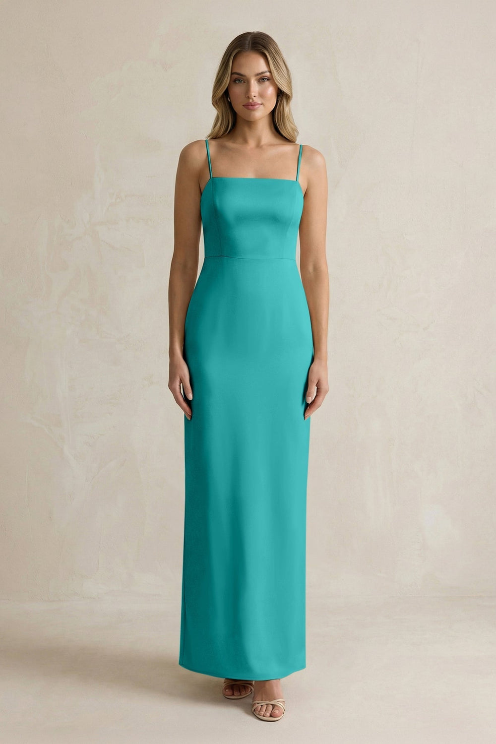 Sheath Spaghetti Straps Satin Bridesmaid Dress in Turquoise - KissProm Bridesmaid Dresses