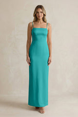 Sheath Spaghetti Straps Satin Bridesmaid Dress in Turquoise - KissProm Bridesmaid Dresses