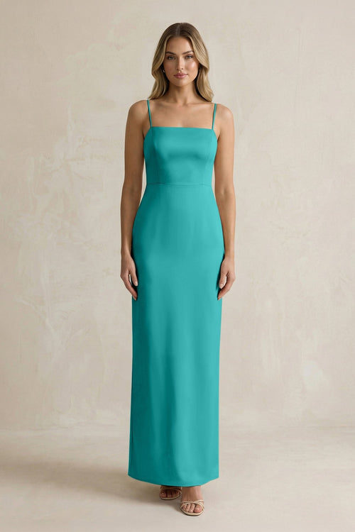 Sheath Spaghetti Straps Satin Bridesmaid Dress in Turquoise - KissProm Bridesmaid Dresses