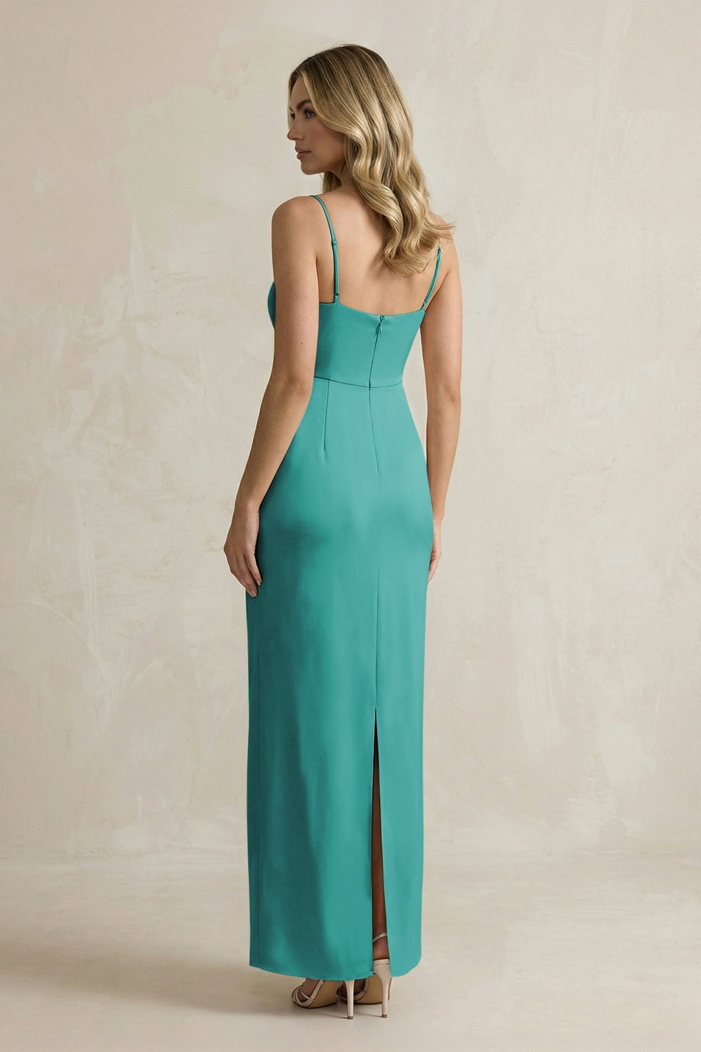 Sheath Spaghetti Straps Satin Bridesmaid Dress in Turquoise - KissProm Bridesmaid Dresses