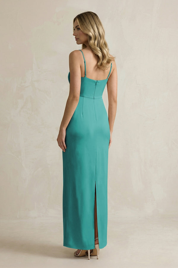 Sheath Spaghetti Straps Satin Bridesmaid Dress in Turquoise - KissProm Bridesmaid Dresses