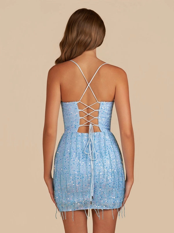 short blue dresses with straps Glitter Navy Blue Spaghetti Straps Short Prom Dress Homecoming Dress