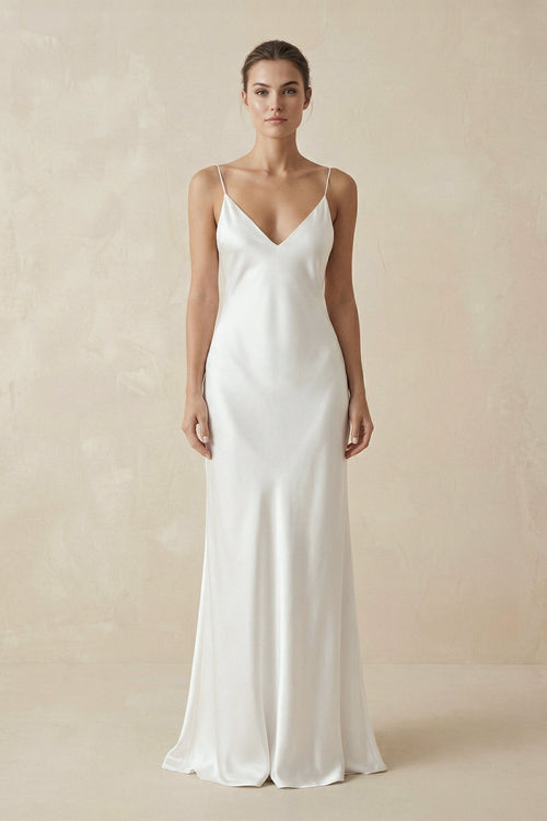Sheath Spaghetti Straps V - Neck Wedding Dress in White - KissProm Wedding Dresses