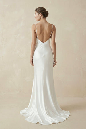 Sheath Spaghetti Straps V - Neck Wedding Dress in White - KissProm Wedding Dresses